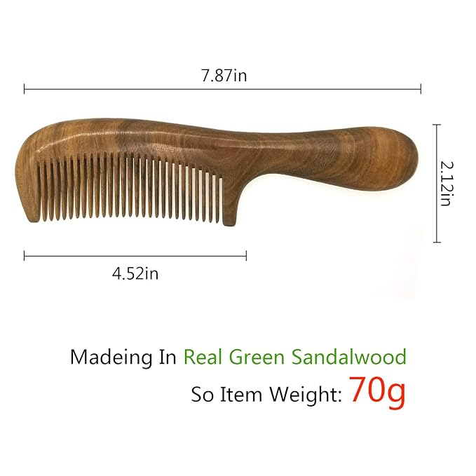 Real Natural Green Sandalwood Wooden Comb/Boutique Hair Comb - NO SNAGS,NO STATIC,NO TANGLE (Long standard tooth)