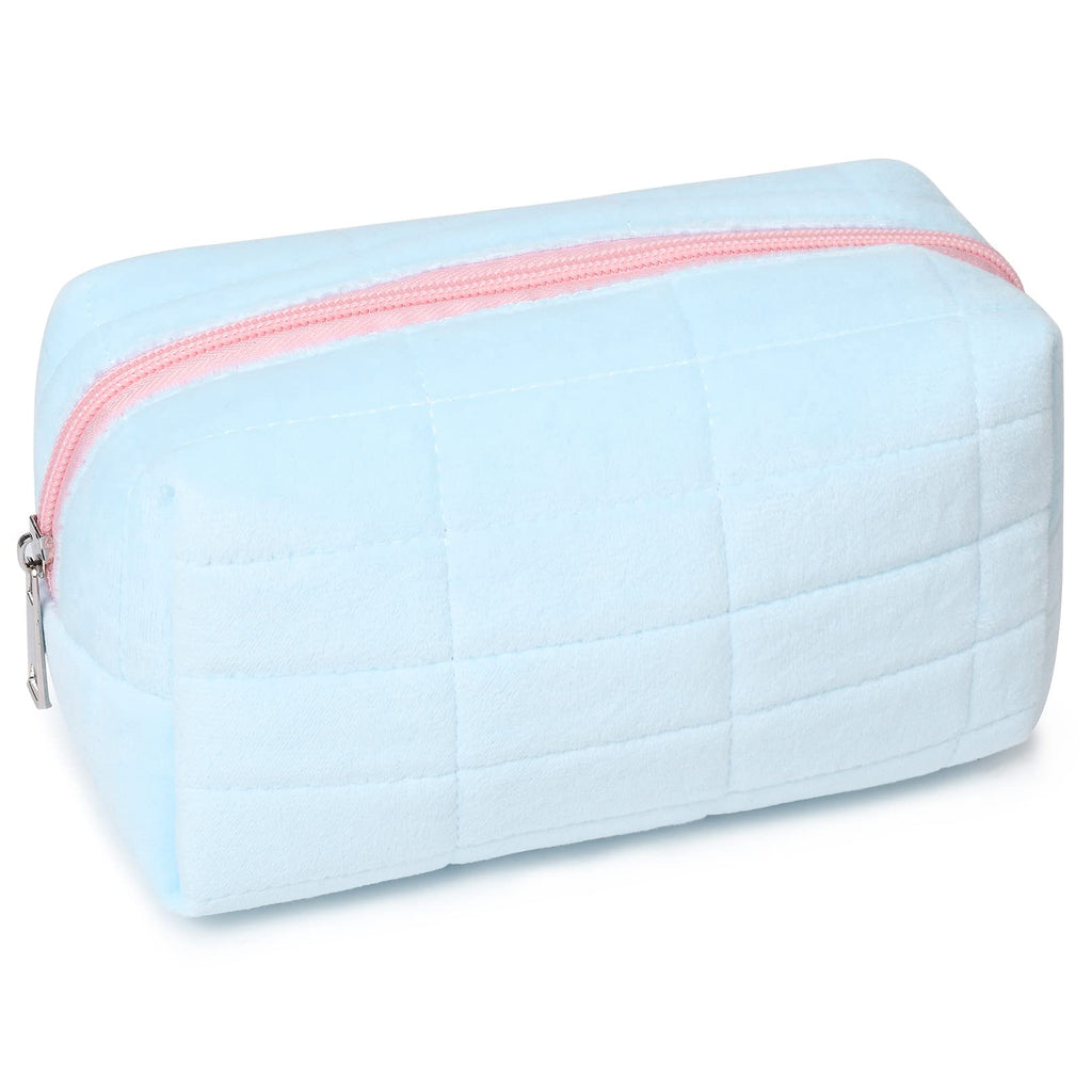 SOIDRAM Makeup Bag Plush Cosmetic Bag Cute Aesthetic Makeup Bag Blue Makeup Pouch Travel Toiletry Bag Organizer Soft Makeup Brushes Accessories Storage Bag for Women