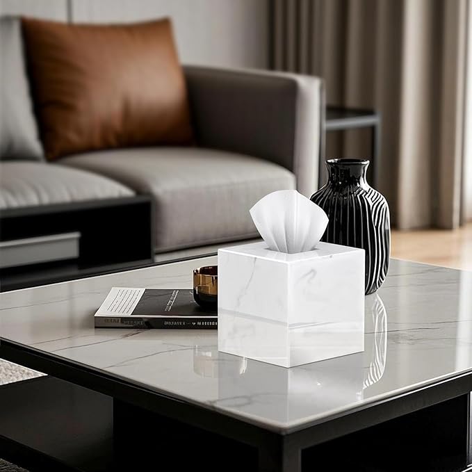 SILUT Stylish Tissue Box Cover Square, Marble Texture Tissue Box Holder, Decorative Tissue Holder for Bathroom, Kitchen, Vanity, Modern Tissues Organizer for Home, Hotel
