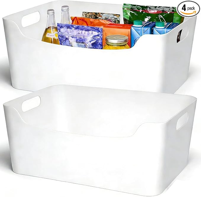 Ytteve 4 Pack Large Plastic Storage Bins with Handles,13.7x10.2x5.7 Inch Stackable White Organizer Containers for Kitchen,Pantry,Closet,Bathroom,Office,Cabinet,Drawer,Snack,Toy & Makeup Organization