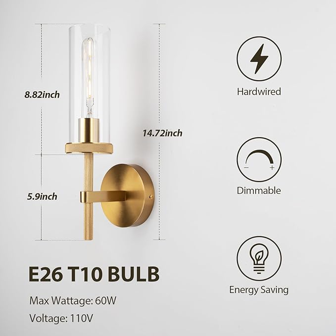 15" Knurled Gold Hardwired Wall Sconces Set of 2, Bathroom Vanity Light Fixtures with Clear Glass Tube, Modern Lamp Lighting for Bedroom, Living Room, Hallway, Staircase, Mirror, Kitchen