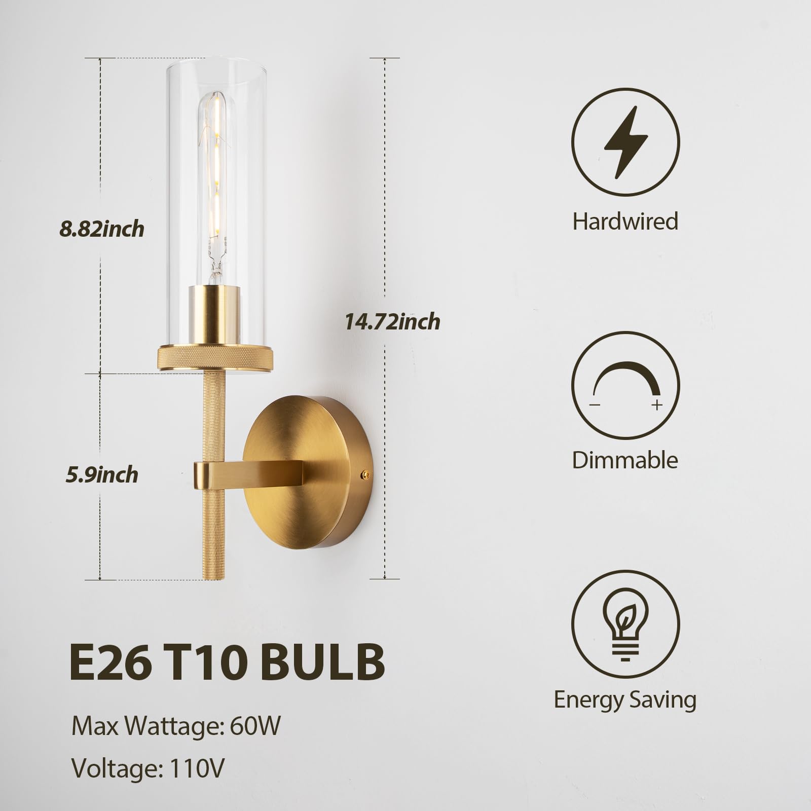 Micstar 15" Knurled Gold Hardwired Wall Sconces Set of 2, Bathroom Vanity Light Fixtures with Clear Glass Tube, Modern Lamp Lighting for Bedroom, Living Room, Hallway, Staircase, Mirror, Kitchen