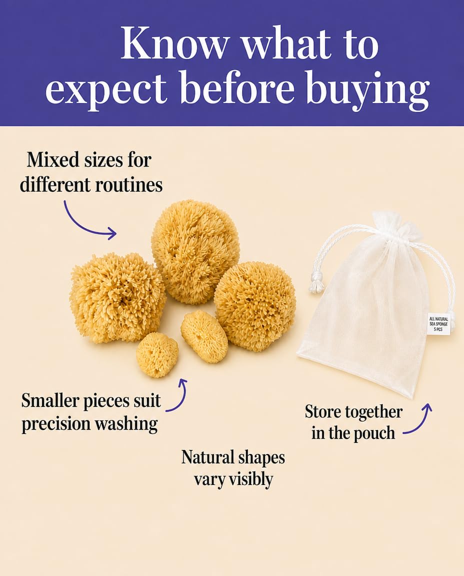 Natural Sea Sponge 5pk Spa Gift Set Bath Shower & Facial Care, Premium Bag