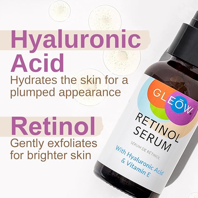 GLEOW Retinol Serum for Face with Hyaluronic Acid and Vitamin E, Gentle Retinol Face Serum Targets the Appearance of Fine Lines and Wrinkles, 2oz