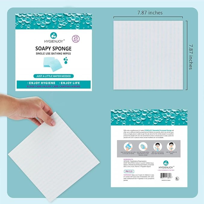 HYGIENJOY Skin Cleaning Wipe (75 Counts, 3 Packs) - Rinse Free Bathing Sponge for Adults, Extra Thick, No Residue, Hypoallergenic, Convenient for Elderly, Injured, Campers, Hikers