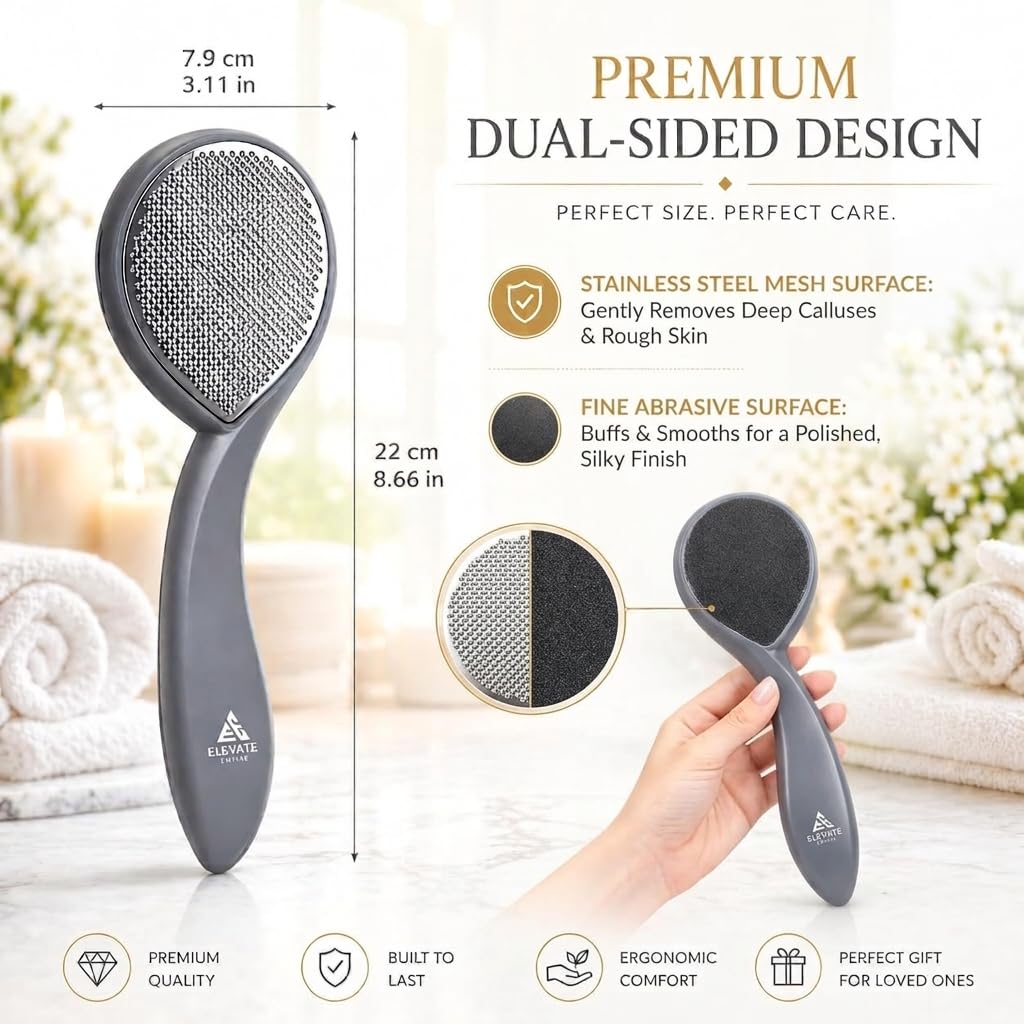 ELEVATED EMPIRE Foot Scrubber & File Callus Remover for Feet - Dual-Sided Stainless Steel Pedicure Tool for Cracked Heels, Dead Skin & Rough Skin - Wet or Dry Use, Men & Women