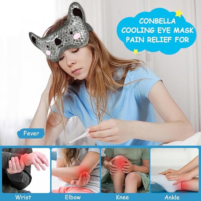 CONBELLA Kids Ice Packs 2 Packs Cooling Eye Mask with Soft Plush Backing for Children Boo Boos Sinus Headache Fever Patch for Kids (Green+Grey)