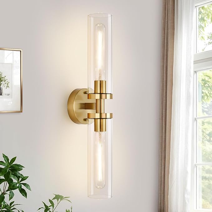 Brushed Gold Wall Sconces, Hardwired Bathroom Sconces Wall Lighting with Clear Glass, Modern Sconces Wall Light fixtures for Bathroom Mirror Living Room Hallway Bedroom