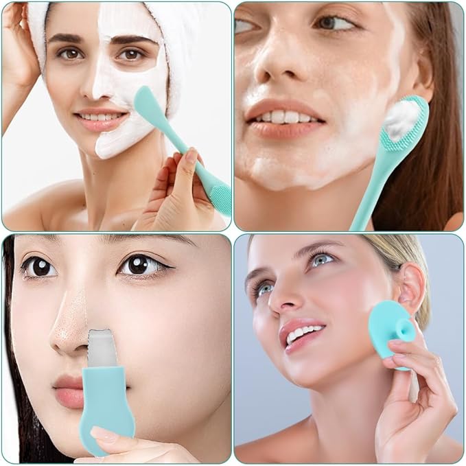 Silicone Nose Blackhead Remover Tool Set, Blackhead Scraper and Pore Cleaning Brush with Mask Applicator, Face Exfoliator Scrubber Skin Spatula for Women Men Skin Deep Cleansing
