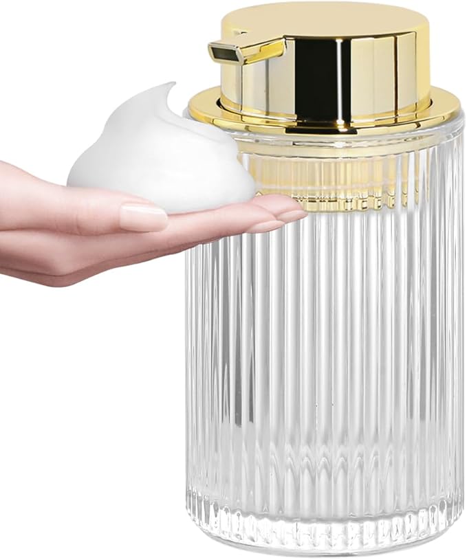 Tonxus Foaming Soap Dispenser, Bathroom Clear Glass Foam Soap Dispenser, Refillable 12 Oz Foam Pump Bottle Container with Gold Pump, Decorative Slim Ribbed Dish Soap Dispenser for Kitchen