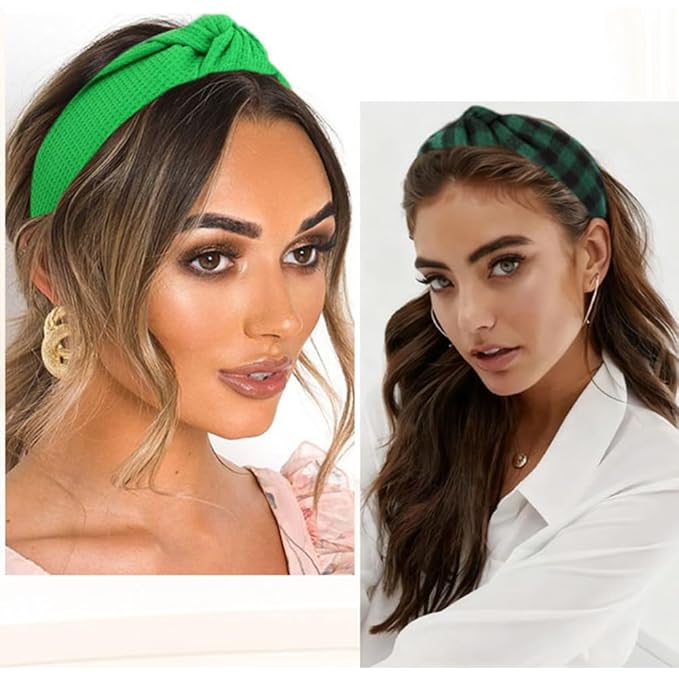 AHONEY 5 Pack Green Knotted Headbands for Women Girls Christmas Plaid Headbands Non Slip Velvet Hairbands Cute Hair Accessories Multi-style Headband Pack