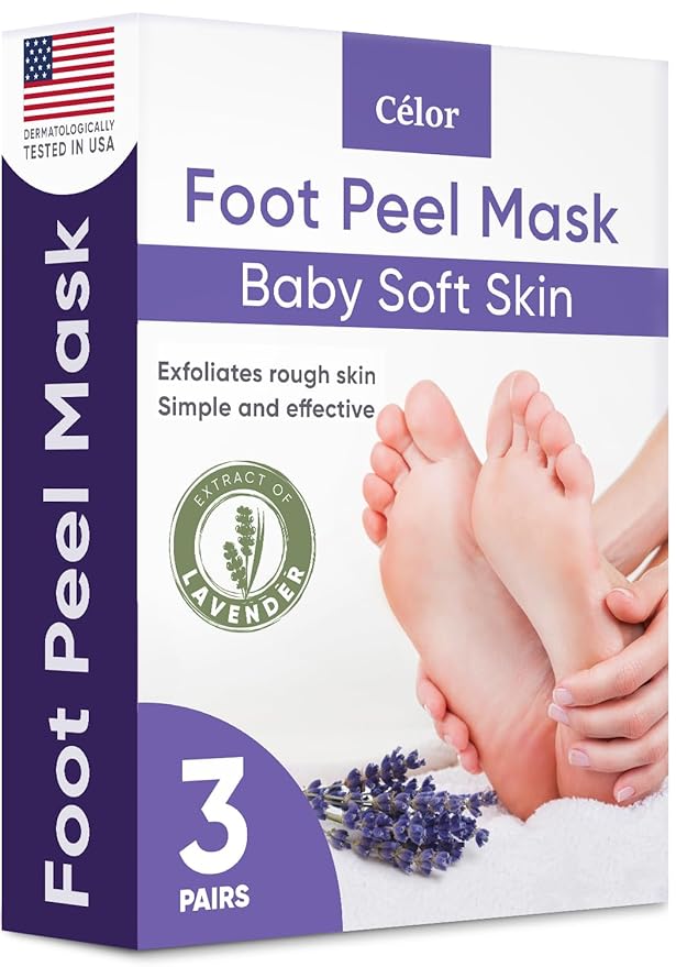 CÉLOR Foot Peeling Mask for Dry Cracked Feet | Foot Mask to Exfoliate Rough, Cracked, Dry Feet, Calluses for Soft Baby Feet Results | Made with Aloe Vera Extract for Women & Men (3 Pairs) | Lavender