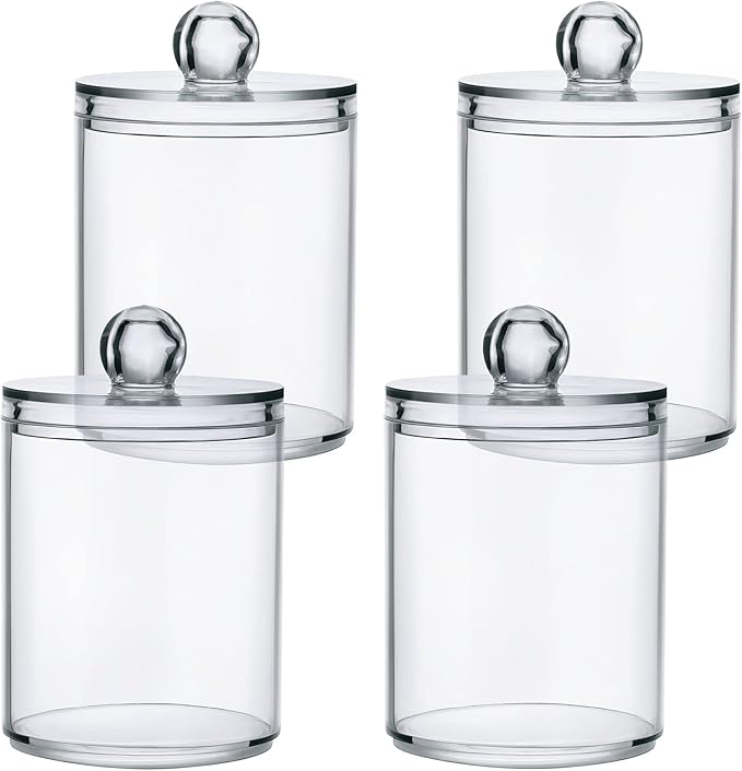 White Qtip Holder Organizer Dispenser Cotton Swabs Cans Plastic Jars with Lid Set 4 Pack Bathroom Storage Canister for Cotton Ball Floss Cotton Pads