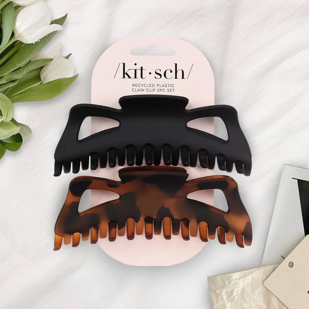 Kitsch 5 Inch Large Claw Clips for Thick and Long Hair | Strong Grip Jumbo Claw Clip for All-Day Hold | 2pcs Matte Oversized Hair Accessories - Black & Tortoise Design