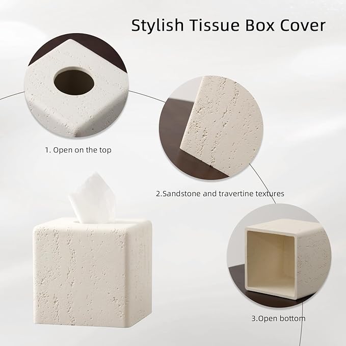 Haocoott Tissue Box Cover Square, Resin Facial Tissue Holder Covers Toilet Paper Holder Decorative Travertine Paper Dispenser Home Decor for Bathroom Bedroom Living Room Office (Off White)