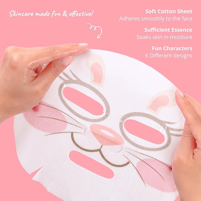 Epielle Character Face Mask Fuzzy Friends 12 Pack, Fun & Effective Korean Skin Care, Spa Party Favors, Birthday Gifts for Women, Self Care Gifts