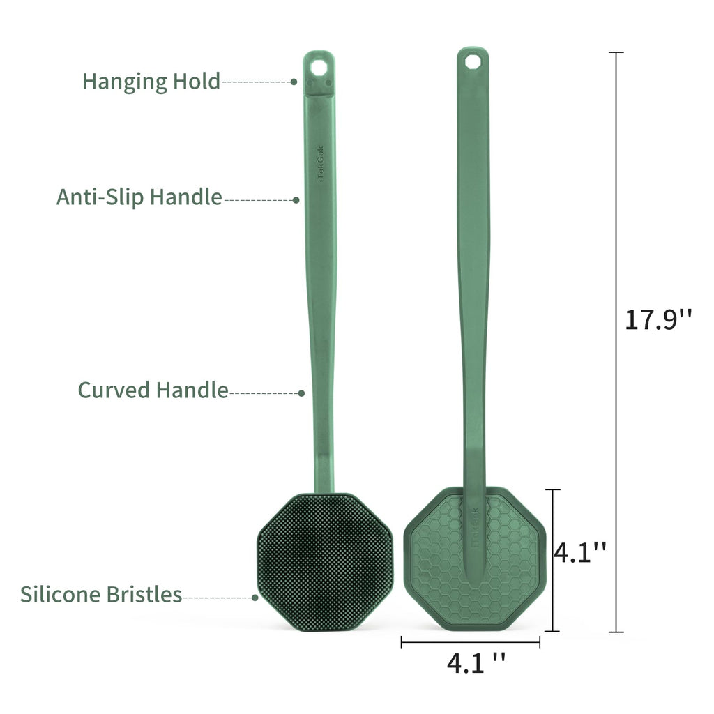 iTokGoK® Silver-Infused Silicone Back Scrubber with Long Handle Back Brush for Shower,Back Brush Long Handle for Men and Women,Ergonomic No-Slip Handle, Long-Lasting (Midnight Green)