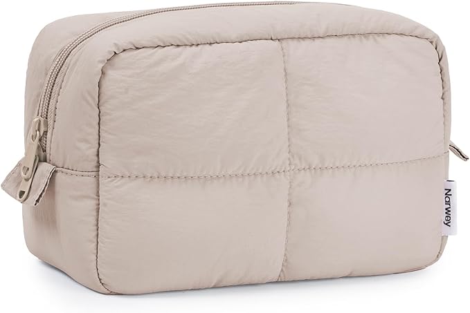 Narwey Travel Makeup Bag for Women Girl, Puffy Make up Organizer Cosmetic Bag, Cute Small Travel Toiletry Bag for Toiletries (Khaki)