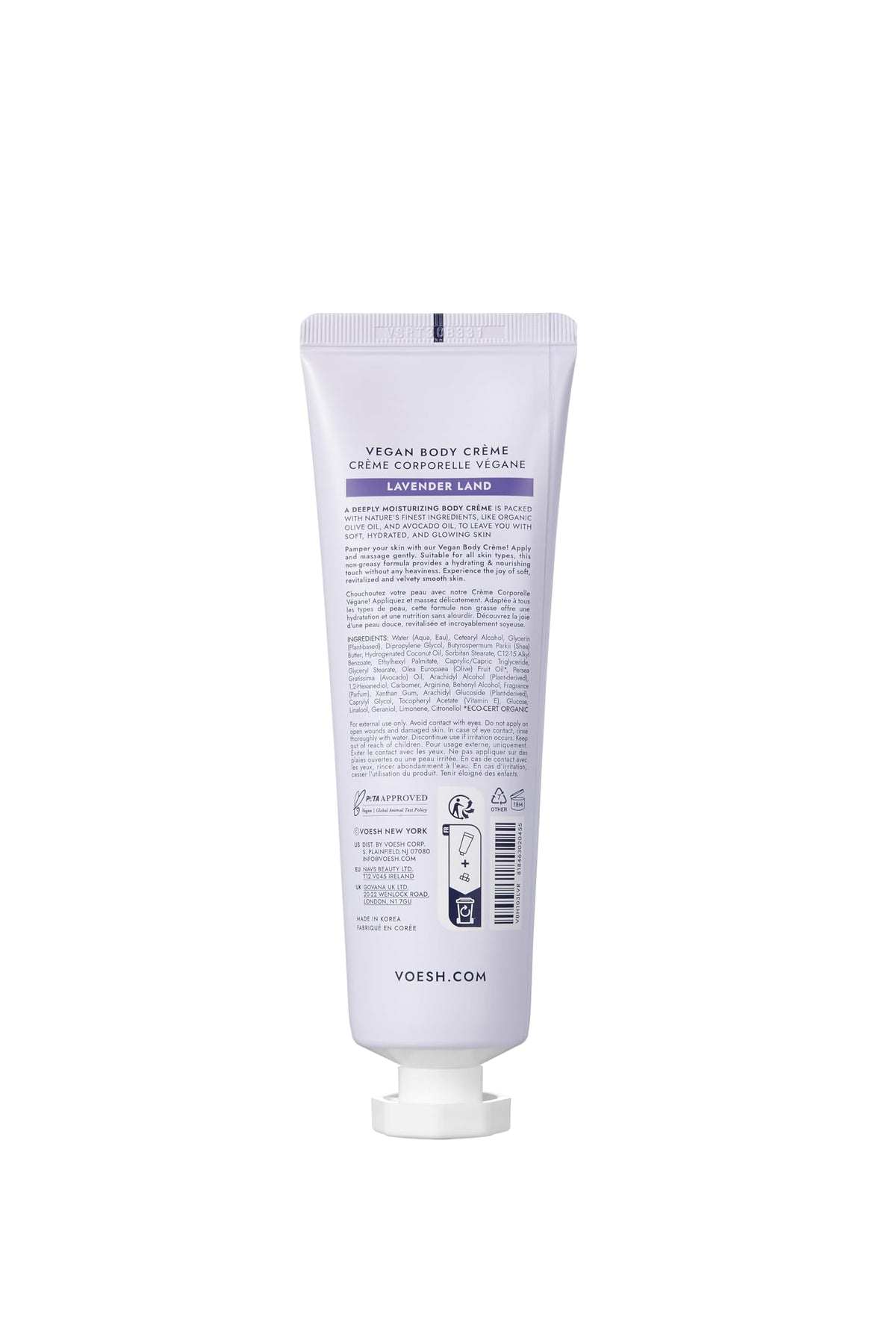 VOESH Vegan Body Creme - Skin Moisturing Cream, K-Beauty Korean Skincare, Lavender Land - 3oz