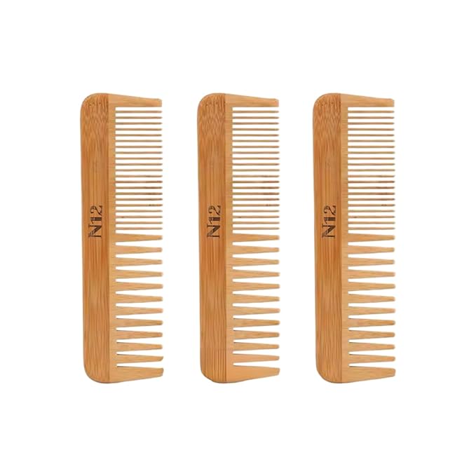 N12 Bamboo Wooden Hair Comb Set of 3 Fine & Wide Tooth Anti Frizz Detangler 17.5 cm