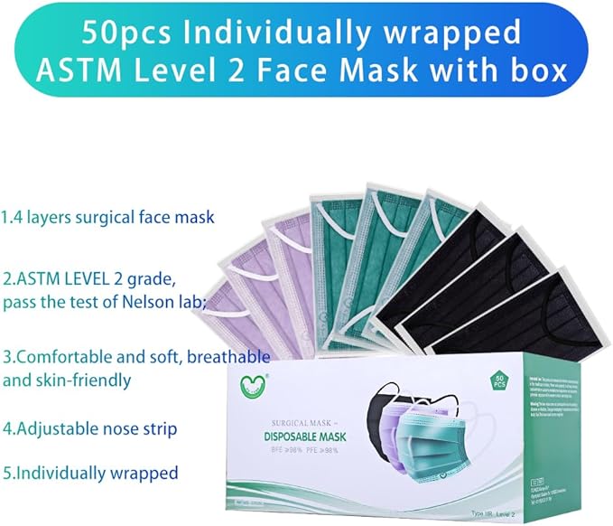 Disposable Face Masks for Adults,Premium 4ply Level2 Masks,Breathable Disposable Masks,Individually Wrapped Pack 50(3 colors)…