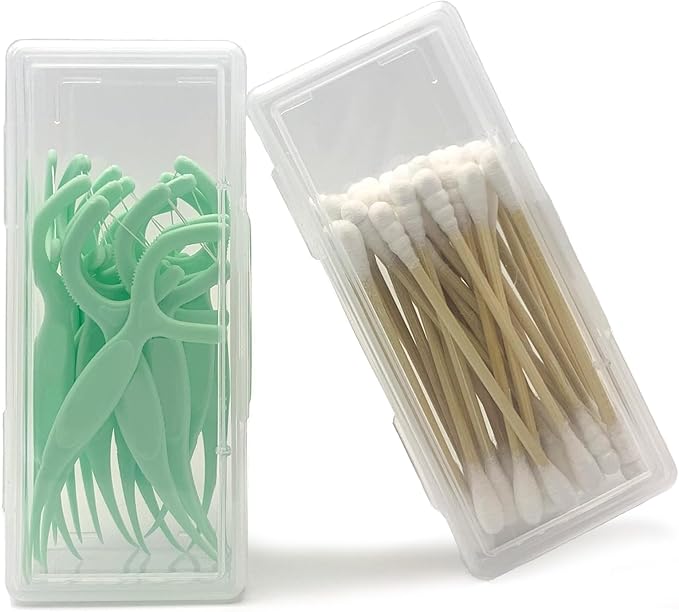 MatFirsmo Cotton Swab Holder for Travel, 2 Pcs Portable Small Dental Floss Holder Clear Plastic Cotton Pad Holder, Travel Floss Picks Case Storage Containers with Dustproof Lid