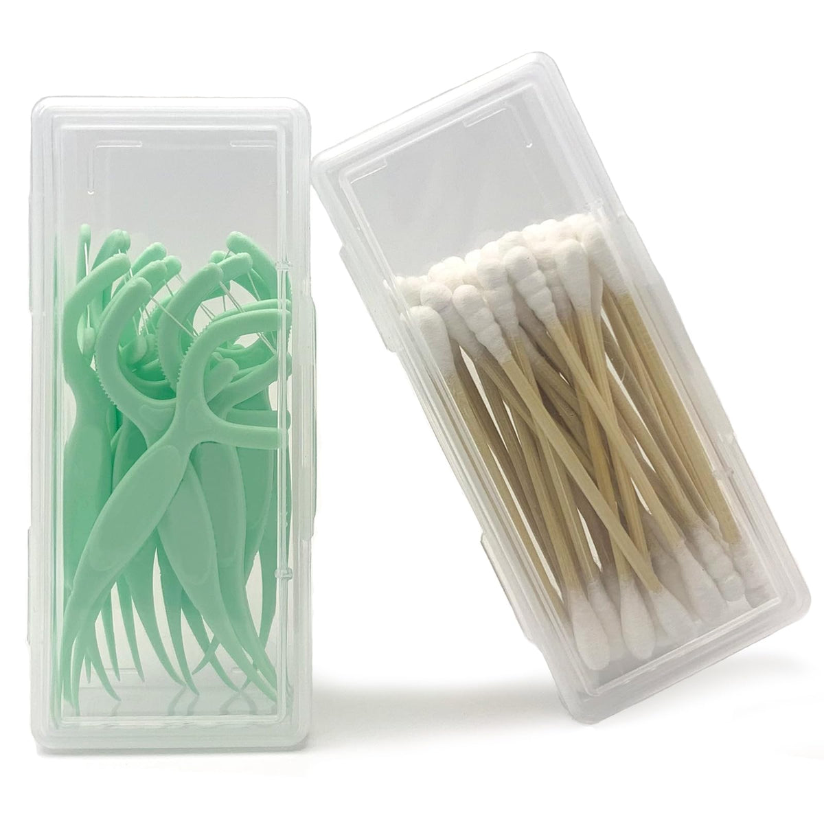 MatFirsmo Cotton Swab Holder for Travel, 4 Pcs Portable Small Dental Floss Holder Clear Plastic Cotton Pad Holder, Travel Floss Picks Case with Dustproof Lid for Bud Hair Ties Floss