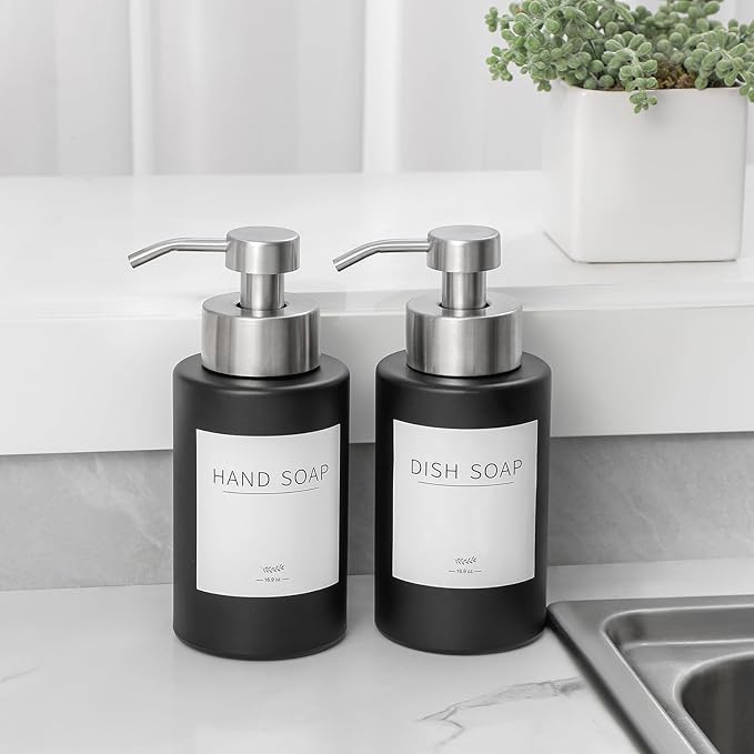 Foaming Soap Dispenser Set, 12 Oz Glass Hand Soap Dispenser with 304 Rust Proof Stainless Steel Pump, Waterproof Labels, for Bathroom Decor Kitchen College Dorm, Black Silver Pump 2 Pack