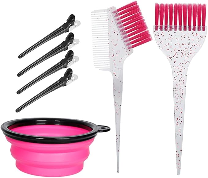 MOONMINI Hair Dye Color Brush and Bowl Set, Color Bowl Brushes Tool Mixing Bowl Kit Tint Comb for Hair Tint Dying Coloring Applicator (Pink&Clear)