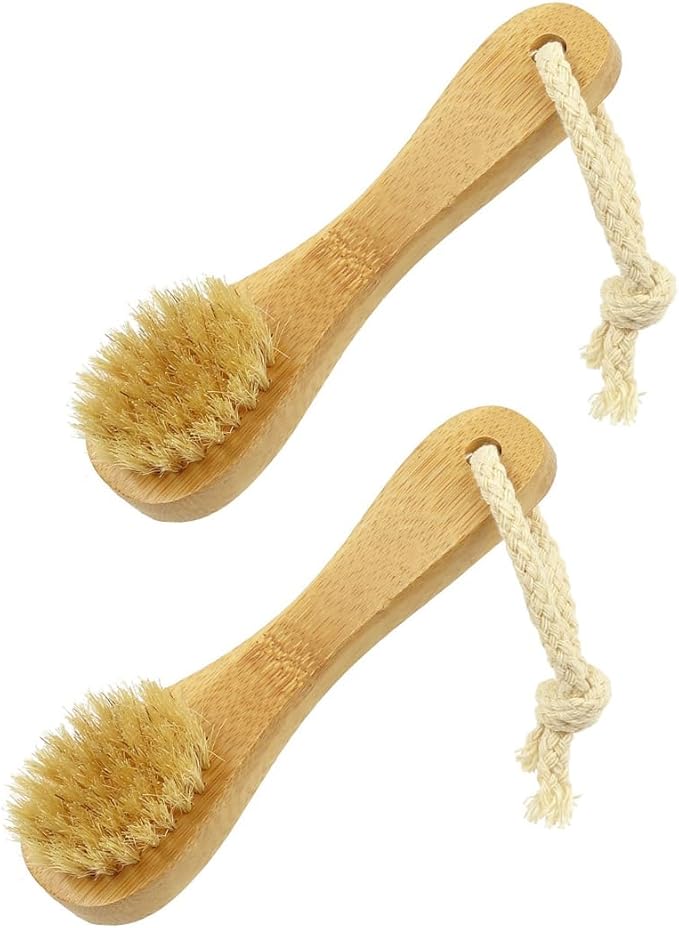 HiKin 2 Pack 5.7" Bamboo Handle Dry Facial Cleansing Brush with Natural Boar Bristles, Face Brush Cleanser Skin Care Exfoliating Brush Scrubber.