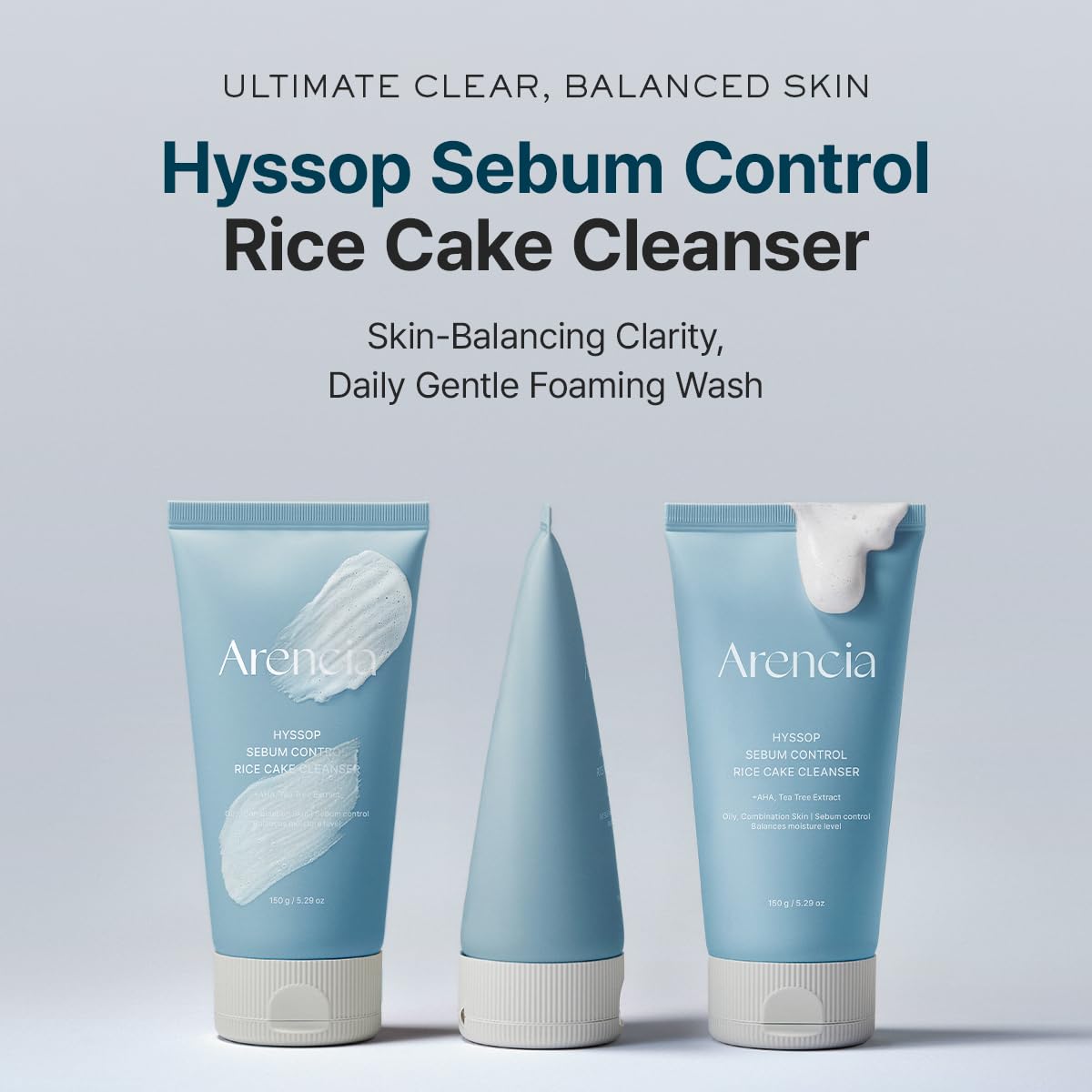 ARENCIA Hyssop Sebum Control Rice Cake Cleanser, AHA Tea Tree Face Wash for Oily Combination Skin 150ml / 5.07 fl oz