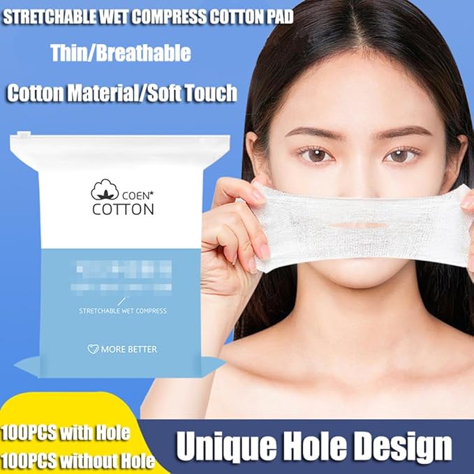 200PCS Count Stretchable Facial Cotton Pads, Pre-Punched Hole Wet Compress Cotton Sheets, Lint Free Soft Cotton, Multipurpose Makeup Remover & Toner Mask Cotton Pads