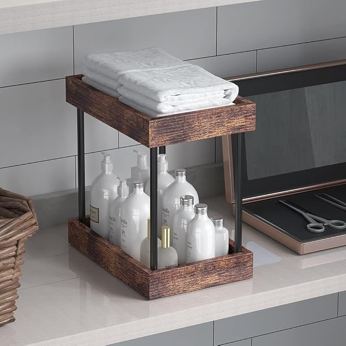 2 Tier Bathroom Organizer Countertop, Wooden Bathroom Trays for Counter Vanity Organizer Cosmetic Storage Vanity Organizer, Coffee Station Organizers, Kitchen Spice Rack