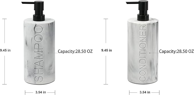 Indecor Home Marble Resin 2 Piece Shampoo and Conditioner Dispenser Set, Luxurious Refillable Pump Bottles with Matte Pump Top and Embossed Text, Durable Design for Bathroom and Shower