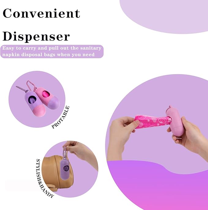 180 PCS Sanitary Napkin Disposal Bags with 2 Dispenser, Feminine Hygiene Disposal Bags for Privacy Protection, Trash Bag for Women Product Perfumed Sanitary Pads Tampon（Pink Purple）