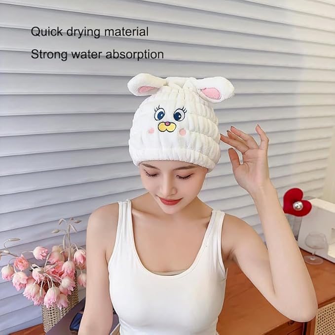 NAWPHEKI Animal Hair Drying Towel Caps, 2Pcs White Rabbit Girls Hair Dry Wrap Women Absorbent Turban Towel, Cute Children Hair Drying Wrap as Gift