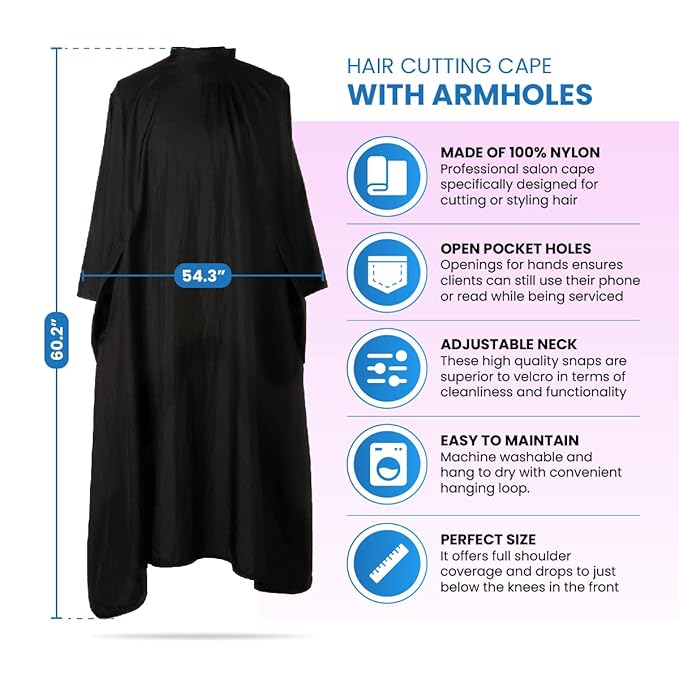 Black Hair Cutting Shampoo Cape w Armholes - Nylon Waterproof Color Cape