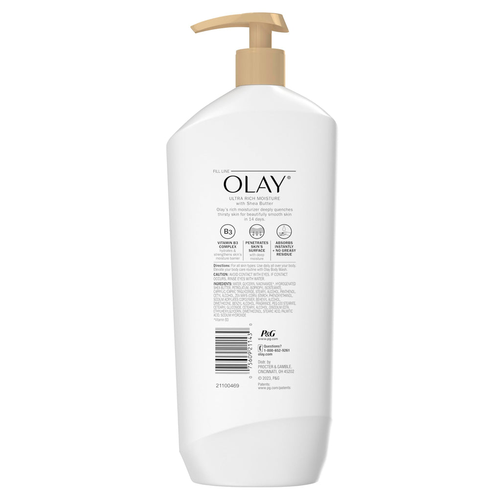 Olay Body Lotion for Women, Ultra Rich Moisture, 24hr Moisturizing & Deep Hydration, Absorbs Instantly, Penetrating Vitamin B3 Complex, For All Skin Types, Shea Butter Scent, 18 fl oz