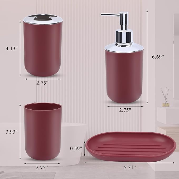 LGURT Red Bathroom Accessories Set, 4-Piece Plastic Bathroom Set with Soap Dispenser, Toothbrush Holder, Rinse Cup & Soap Dish, Bold Red Bathroom Decor for Home