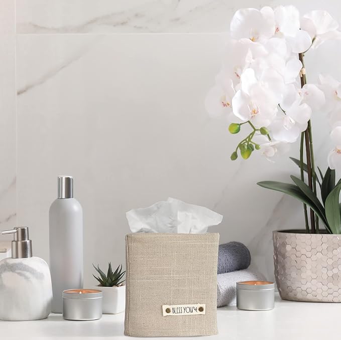 Stylish Tissue Box Cover - This Beige Linen Holder Instantly Covers Your Square Tissue Boxes - The Perfect Cube Cover for Your Bathroom and Home