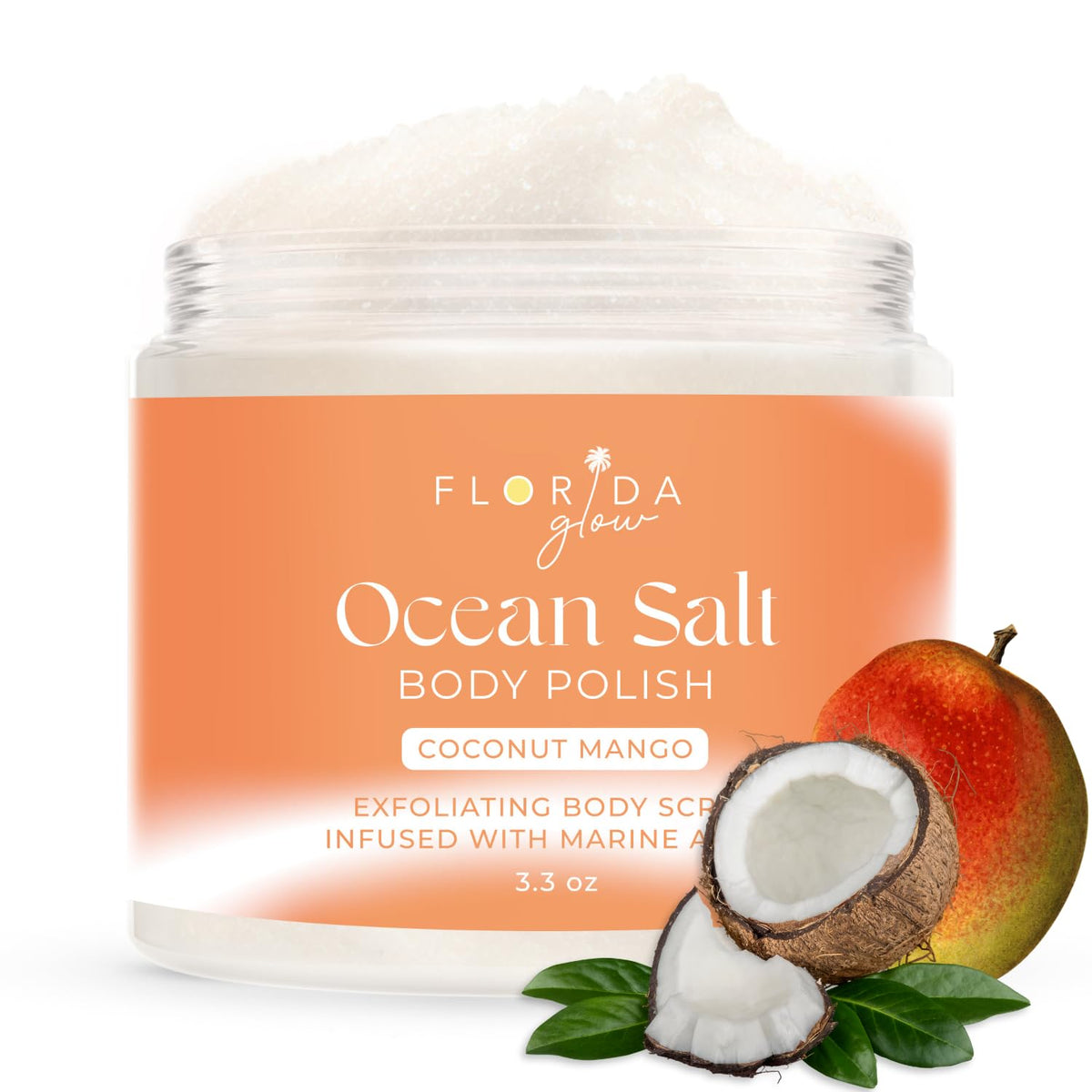 Sea Salt Body Scrub by Florida Suncare - Ocean Salt Body Polish Infused with Marine Algae - Exfoliating Face and Body Scrub - Facial Scrub Exfoliator to Tackle Acne (Coconut, 3.3 oz)