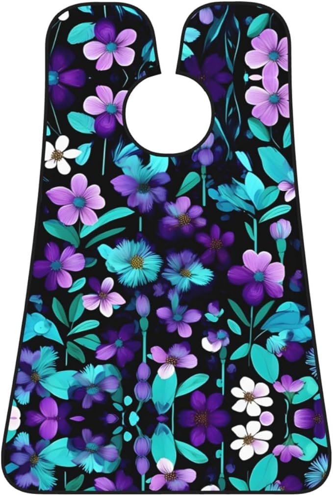 Purple And Teal Flowers Print Beard Bib Shaving Apron, Beard Hair Trimming Cape Gift For Dad
