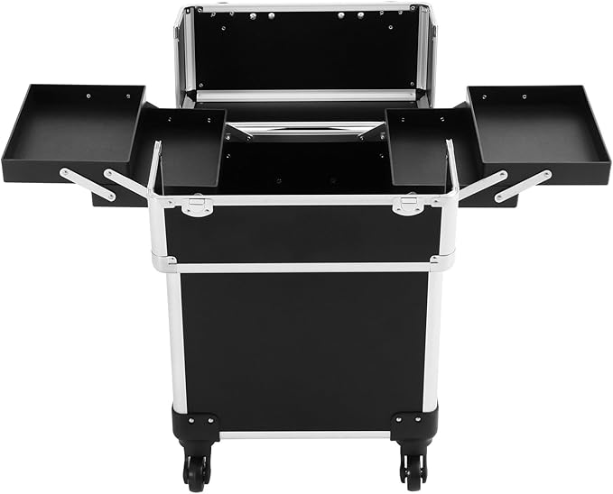 KHROOLT Professional Rolling Makeup Case with Retractable Handle, Aluminum Alloy Cosmetic Organizer with Locks & Wheels, Large Capacity Beauty Travel Case for Makeup Artists, Black