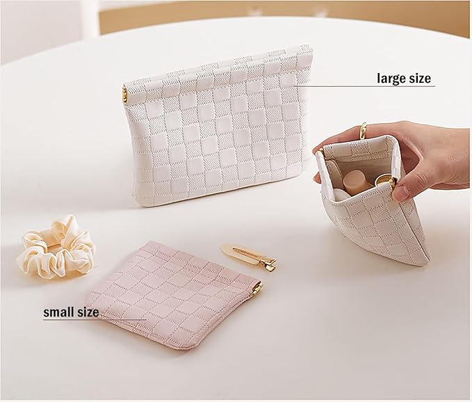 HIGH FIT Leather Pocket Cosmetic Bag for Purse,Coin Purse Lipstick Cosmetic Accessories Organizer, Travel Kit Storage Pouch,Waterproof Portable No Zipper Self-closing (White/Small)
