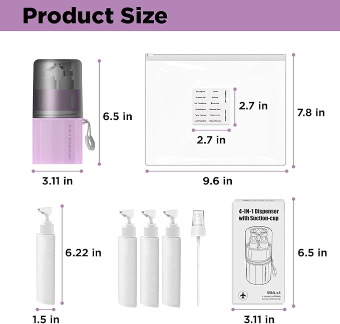 TechoEcho 4 in 1 Travel Toiletry Containers,TSA Approved Refillable Travel Size Toiletries Bottles Set with Suction Cup for Smooth Walls - for Shampoo,Conditioner,Body Wash,Lotion.(Pink)