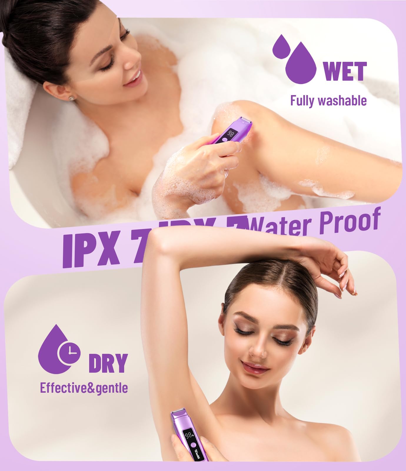 Dynooper Electric Bikini Trimmer for Women: IPX7 Waterproof Dual Head Cordless Electric Shaver for Women with LED Display & 0.5mm Ceramic Blades for Pubic Hair, Face, Legs - Grape Purple