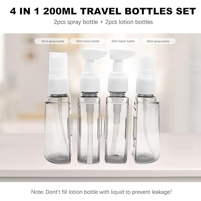 Skycase Travel Bottles - Leak Proof Refillable Tsa Approved Travel Size Toiletries, 4 in 1 Liquid Bottles Containers with Labels and Funnel Airplane Accessories Kits for Lotion Liquid (Blue)