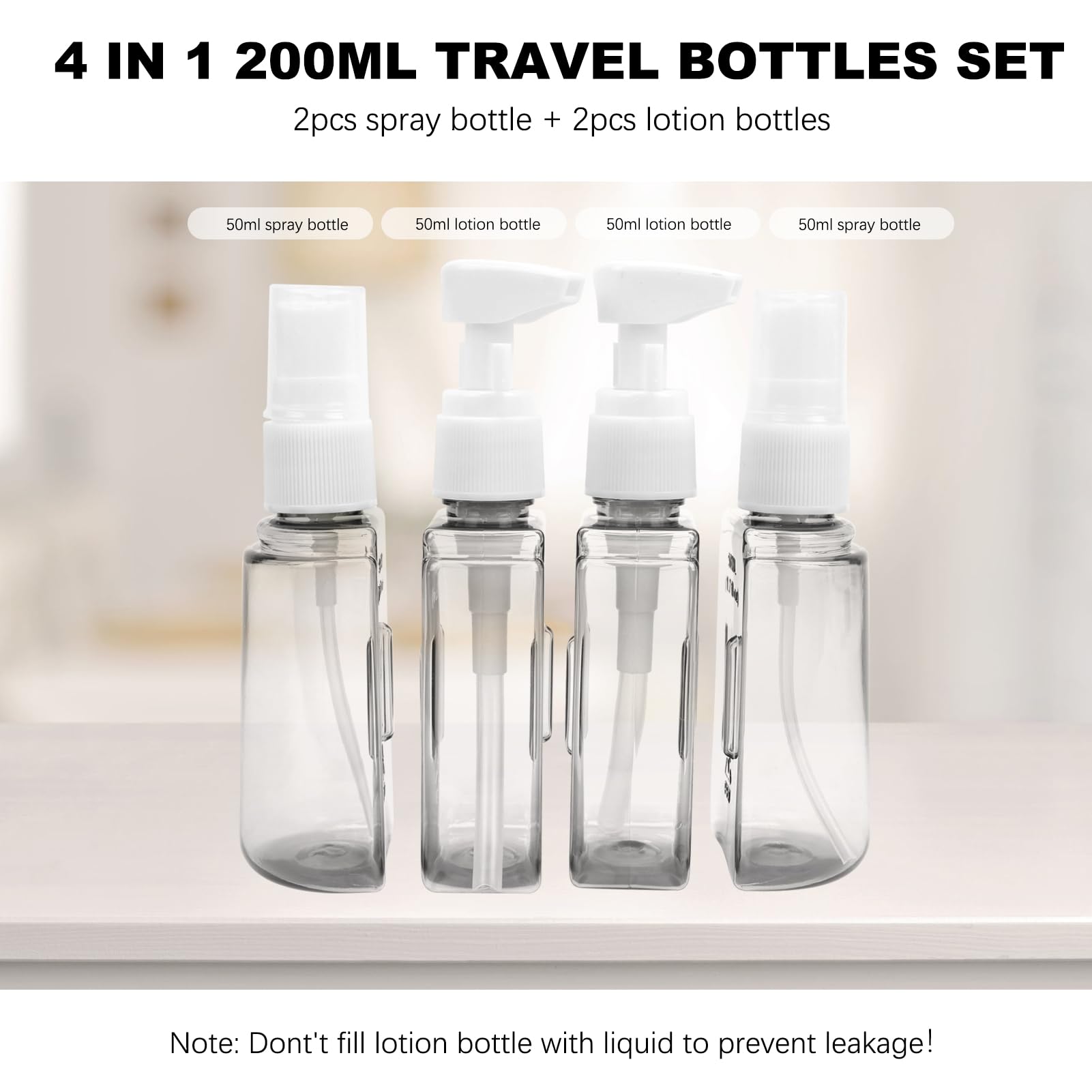 Skycase Travel Bottles - Leak Proof Refillable Tsa Approved Travel Size Toiletries, 4 in 1 Liquid Bottles Containers with Labels and Funnel Airplane Accessories Kits for Lotion Liquid (Pink)