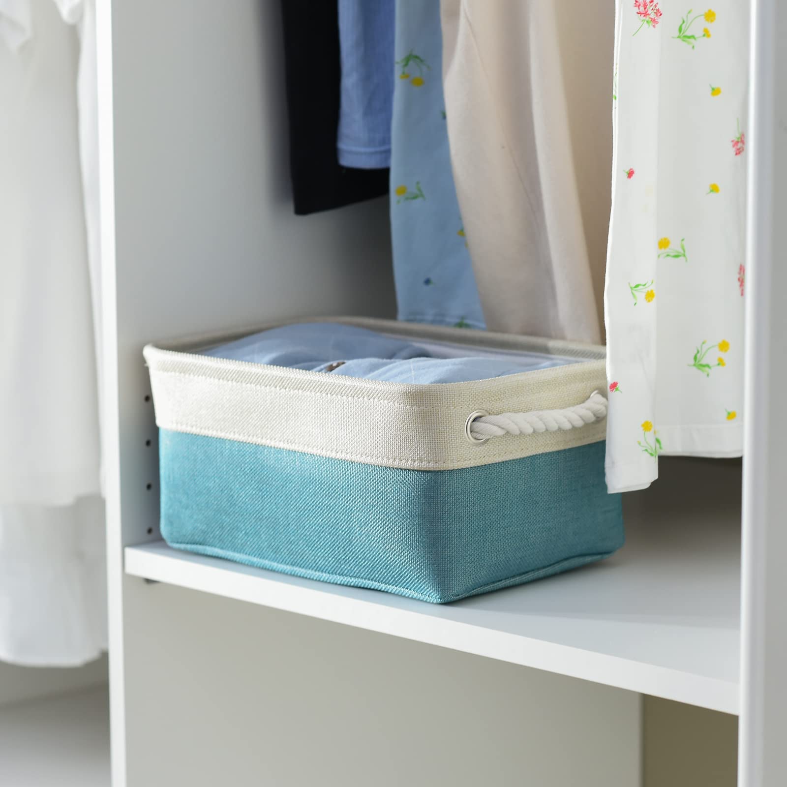 TheWarmHome Fabric Storage Bin with Handles,Storage Basket for Home Storage and Organization, Shelf Basket with Cover for Living Room Bedroom Decor Closet（White & Green,Small,11.8L×7.9W×5.2H
