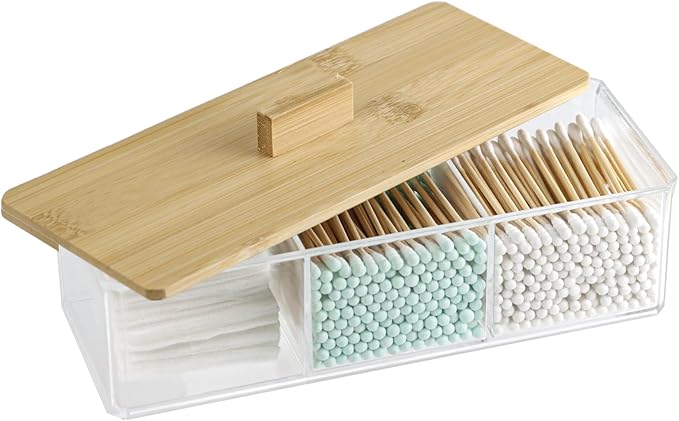 Clear Bathroom Dresser Organizer - Cotton Ball Swab Holder with 3 Divided Compartments&Lid, Waterproof Transparent Small Plastic Storage Containers, Vanity Makeup Organization